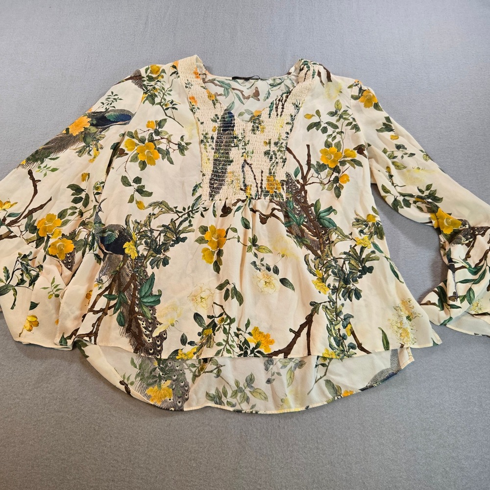 Kobi Halperin Blouse Womens XL Cream Silk Peacock Floral Smocked Bell Sleeve